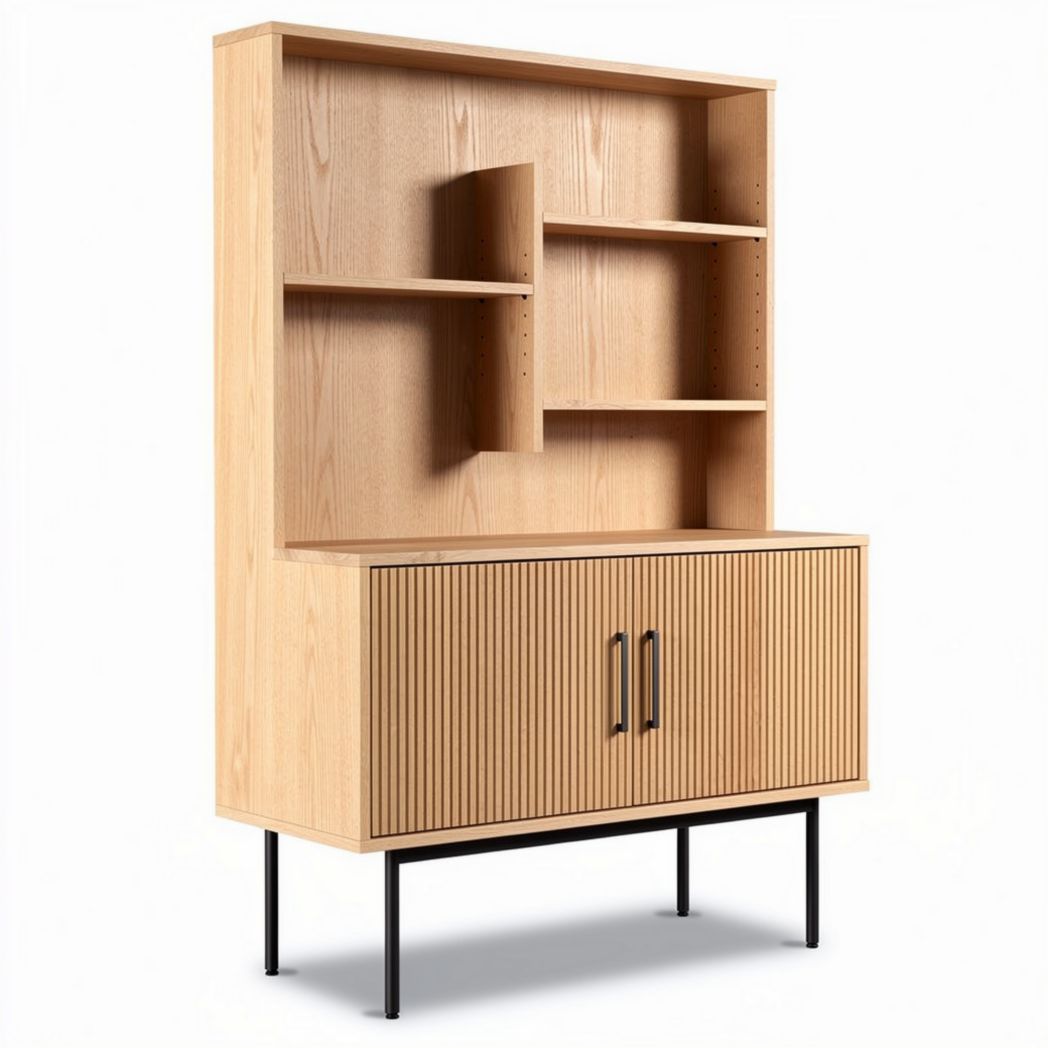 Meuble de rangement en bois clair avec étagères et portes en métal noir 90 x 40 x 180cm