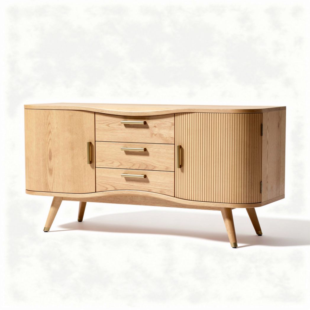 Buffet en bois naturel avec trois tiroirs et une porte latérale 150 x 40 x 75cm