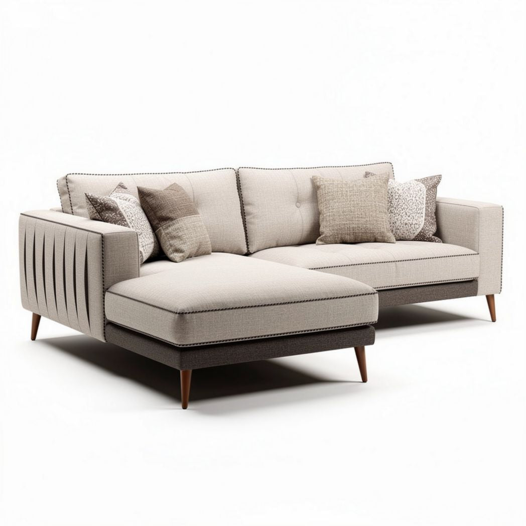 Canapé d'angle en tissu beige avec coussins décoratifs 220 x 90 x 80cm